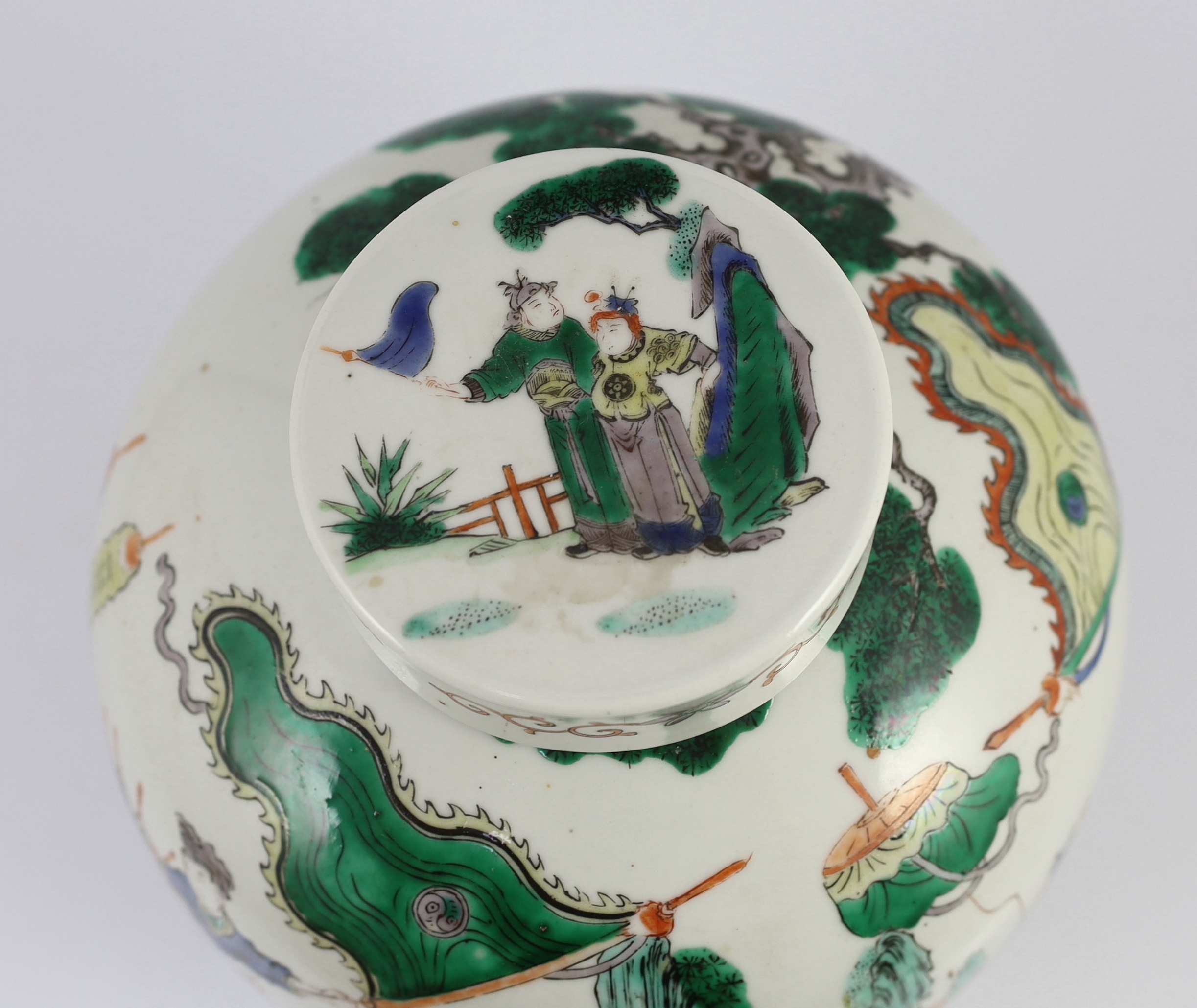A large Chinese famille verte ovoid jar and cover, 19th century